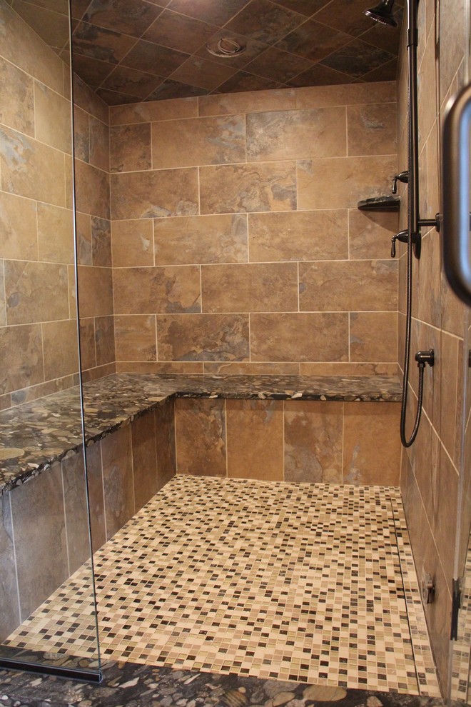 Large rustic sauna bathroom in Cleveland with multi-coloured tiles, porcelain tiles, porcelain flooring and granite worktops.