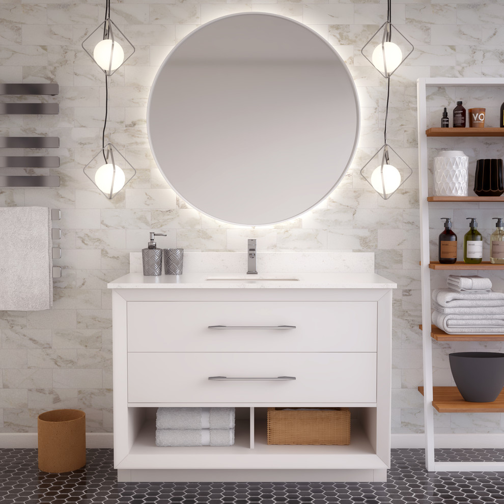 Example of a mid-sized minimalist master bathroom design in Toronto with furniture-like cabinets, white cabinets, an undermount sink, quartz countertops and white countertops