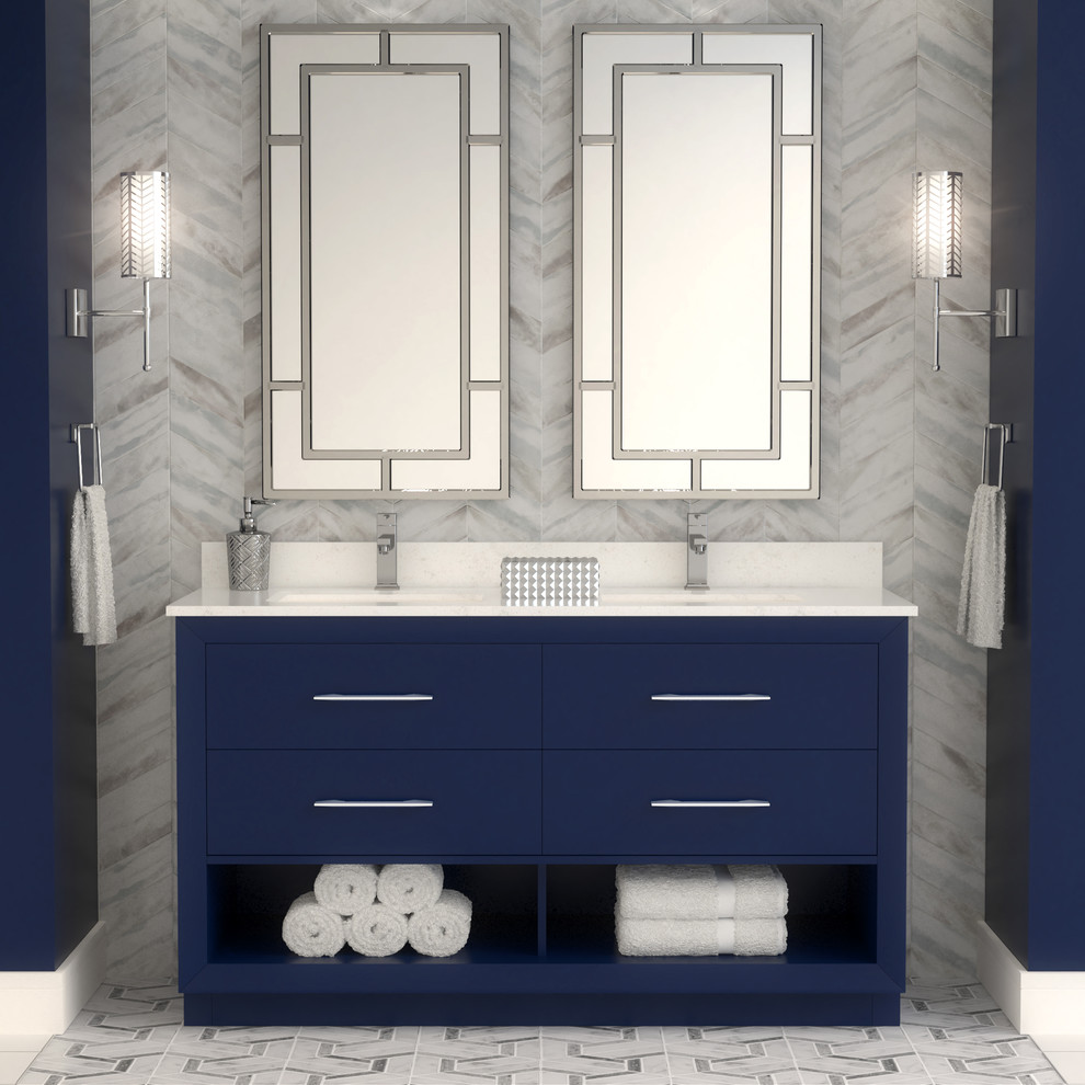 Источник вдохновения для домашнего уюта: большая главная ванная комната в стиле модернизм с фасадами островного типа, синими фасадами, врезной раковиной, столешницей из искусственного кварца и белой столешницей