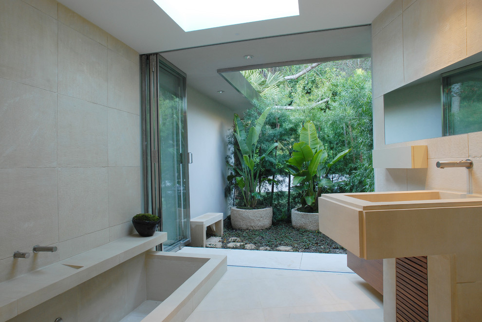 Aménagement d'une salle de bain moderne avec un lavabo intégré.