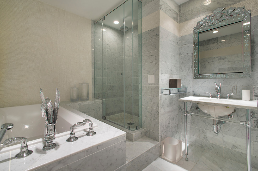 Пример оригинального дизайна: главная ванная комната среднего размера в современном стиле с мраморной столешницей, белой плиткой, каменной плиткой, накладной ванной, угловым душем, врезной раковиной, белыми стенами и мраморным полом
