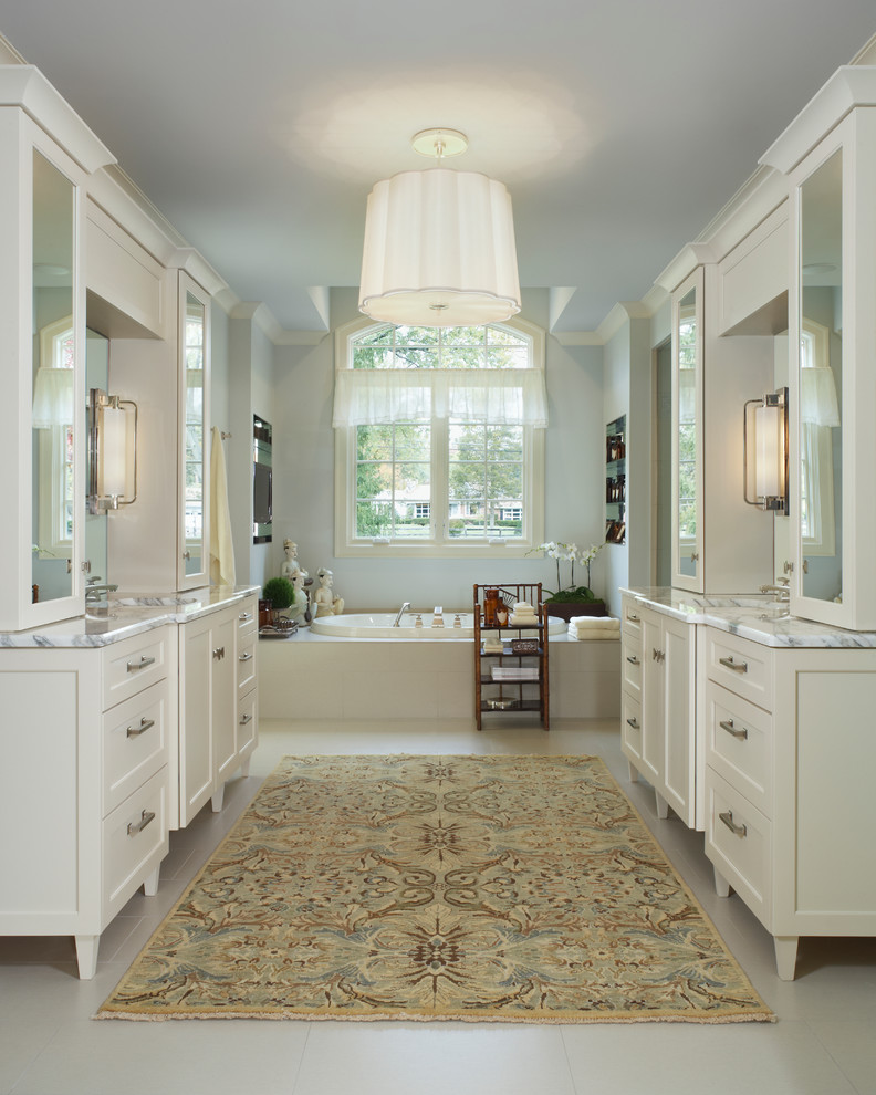 Bathroom - mid-sized traditional master gray tile and ceramic tile ceramic tile and gray floor bathroom idea in Detroit with an undermount sink, shaker cabinets, white cabinets, gray walls and marble countertops