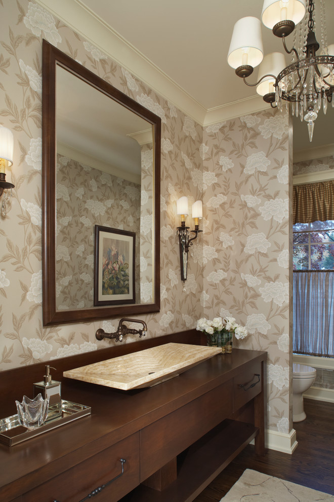Inspiration for a timeless dark wood floor bathroom remodel in Detroit with a vessel sink, flat-panel cabinets, dark wood cabinets, wood countertops and beige walls