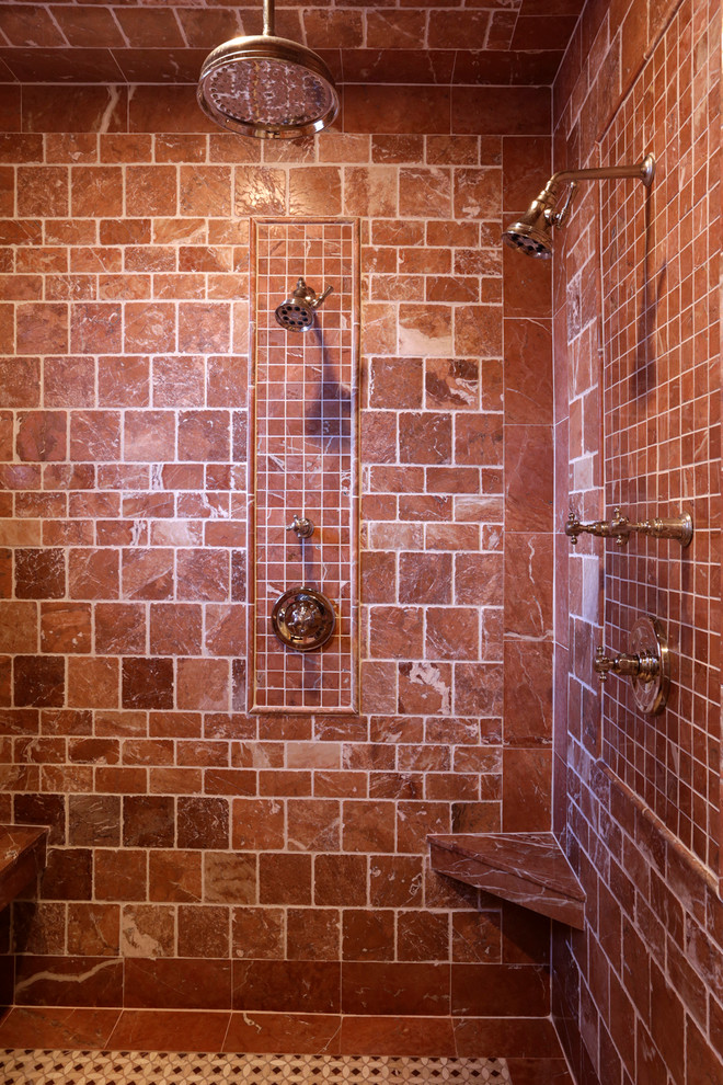 Medium sized mediterranean ensuite bathroom in Houston with a submerged sink, marble worktops, an alcove shower, a two-piece toilet, red tiles, stone tiles and terracotta flooring.