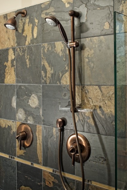 Double shower - mid-sized eclectic master multicolored tile and stone tile slate floor double shower idea in Seattle with an undermount sink, recessed-panel cabinets, medium tone wood cabinets, quartzite countertops, a two-piece toilet and beige walls
