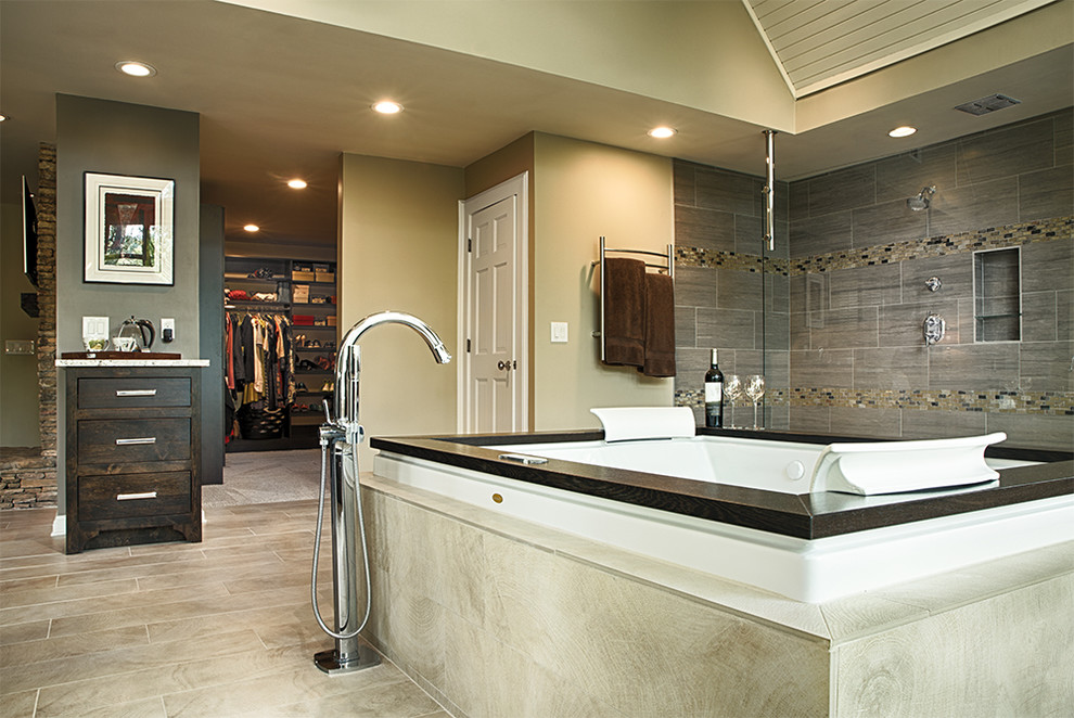 Inspiration for a large contemporary sauna bathroom in Atlanta with a built-in bath, grey tiles and beige walls.