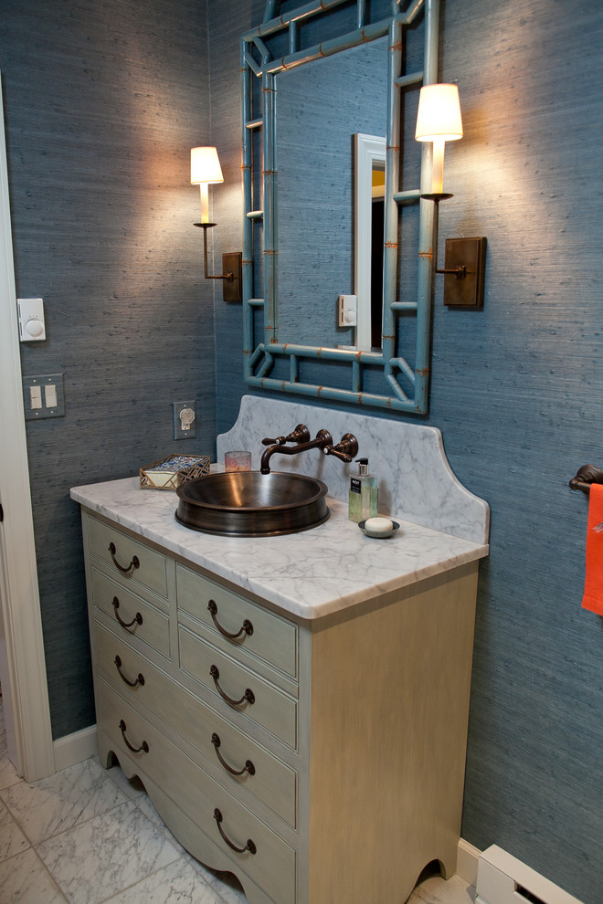 Mid-sized elegant 3/4 gray tile marble floor bathroom photo in Philadelphia with beaded inset cabinets, marble countertops, a vessel sink, gray cabinets, a two-piece toilet and blue walls