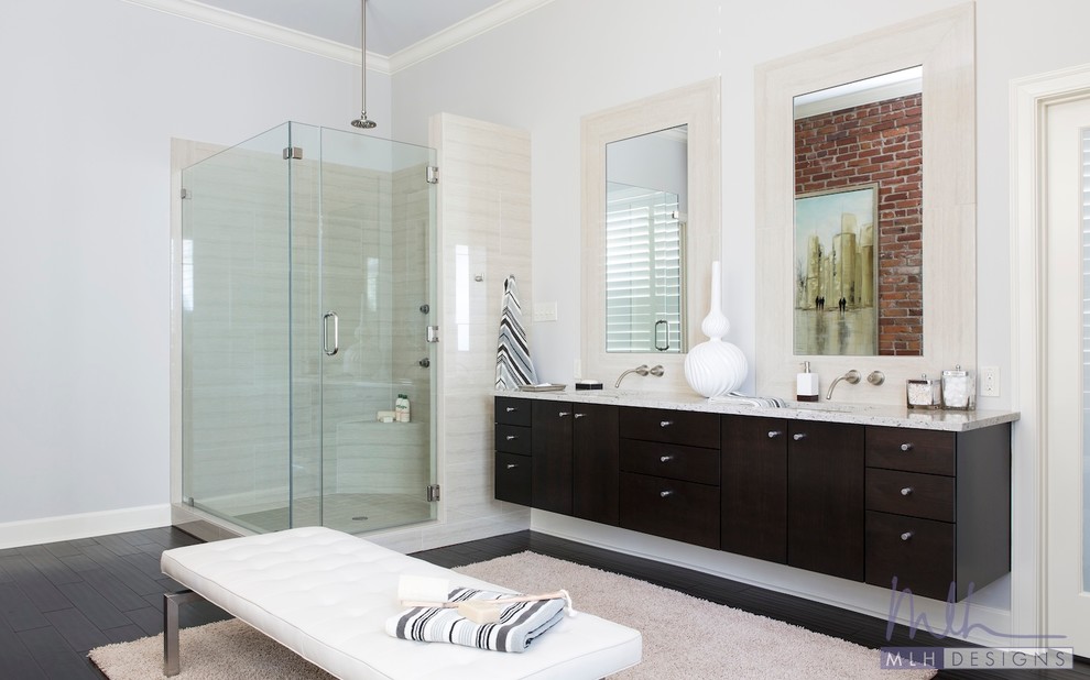 Inspiration for a medium sized contemporary ensuite bathroom in Little Rock with flat-panel cabinets, dark wood cabinets, a corner shower, a two-piece toilet, beige tiles, porcelain tiles, beige walls, dark hardwood flooring, a submerged sink and engineered stone worktops.