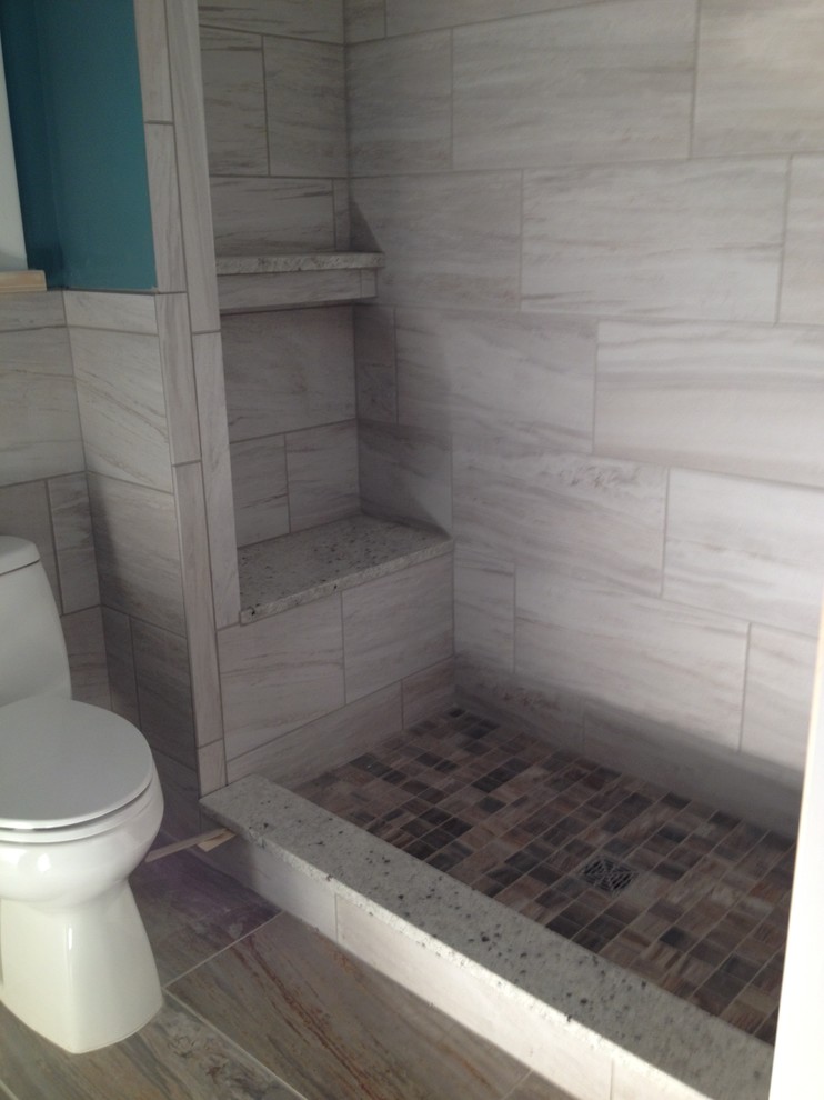 Foto de cuarto de baño clásico pequeño con ducha empotrada, baldosas y/o azulejos grises, baldosas y/o azulejos de porcelana, aseo y ducha y ducha con puerta corredera