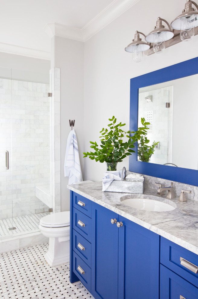 Design ideas for a country family bathroom in Atlanta with a submerged sink, shaker cabinets, blue cabinets, marble worktops, white tiles, stone tiles, white walls and mosaic tile flooring.