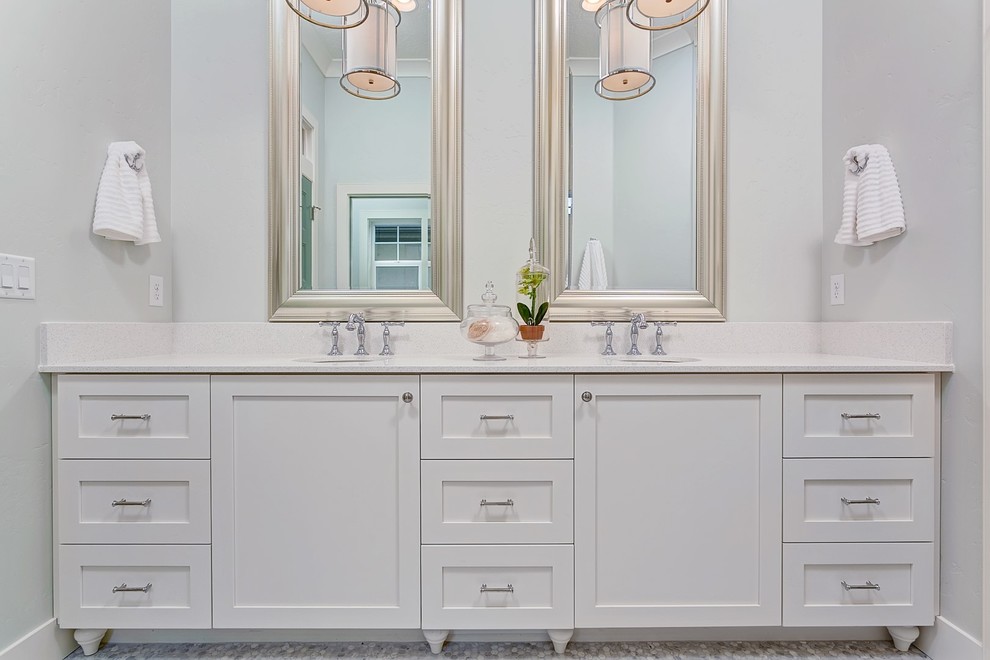Large transitional master gray tile and mosaic tile marble floor bathroom photo in Boise with recessed-panel cabinets, white cabinets, blue walls, an undermount sink and quartz countertops