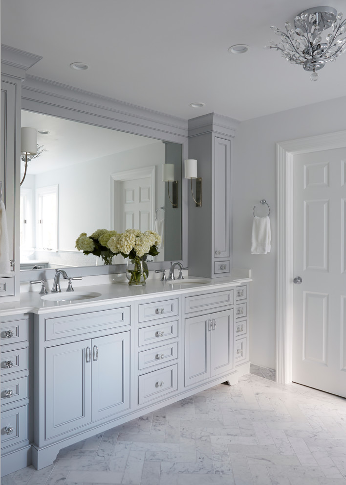 Inspiration for a timeless white tile and stone tile marble floor bathroom remodel in Chicago with an undermount sink, beaded inset cabinets, gray cabinets, quartz countertops and white walls