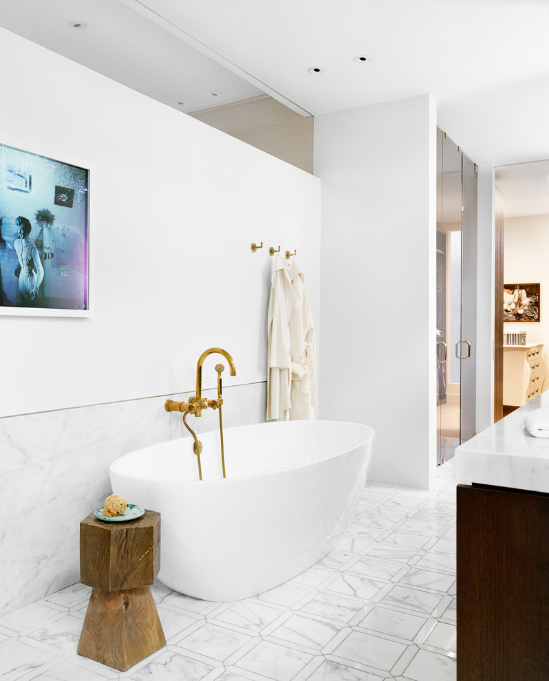This is an example of a contemporary bathroom in Dallas with dark wood cabinets, a freestanding bath, an alcove shower, white tiles and white walls.