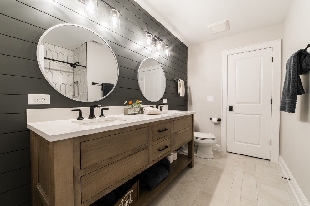 Medium sized classic bathroom in Chicago with medium wood cabinets, an alcove bath, a shower/bath combination, a one-piece toilet, a submerged sink, a shower curtain, double sinks, a freestanding vanity unit, a wall niche and tongue and groove walls.