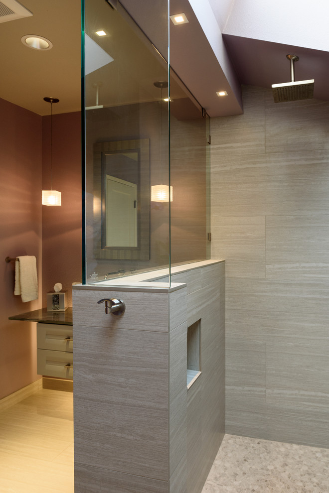 Inspiration for a medium sized contemporary shower room bathroom in Seattle with recessed-panel cabinets, grey tiles, porcelain tiles, purple walls, porcelain flooring, a vessel sink, glass worktops, grey cabinets and a walk-in shower.