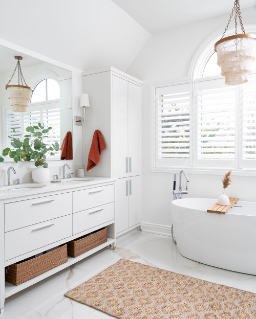 All-White Elegance: Bathroom Storage with Natural Textures