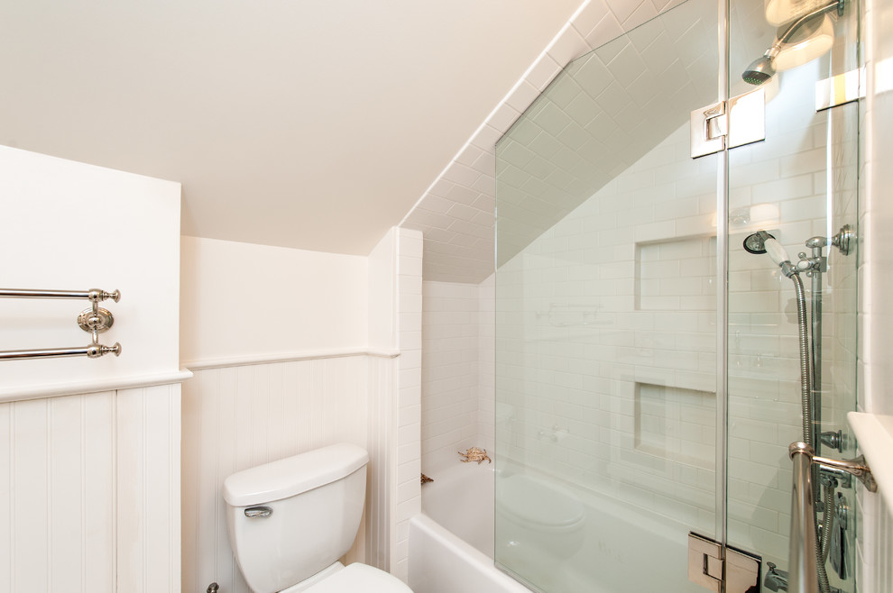 Inspiration for a small craftsman kids' white tile and ceramic tile porcelain tile corner shower remodel in DC Metro with a two-piece toilet and white walls