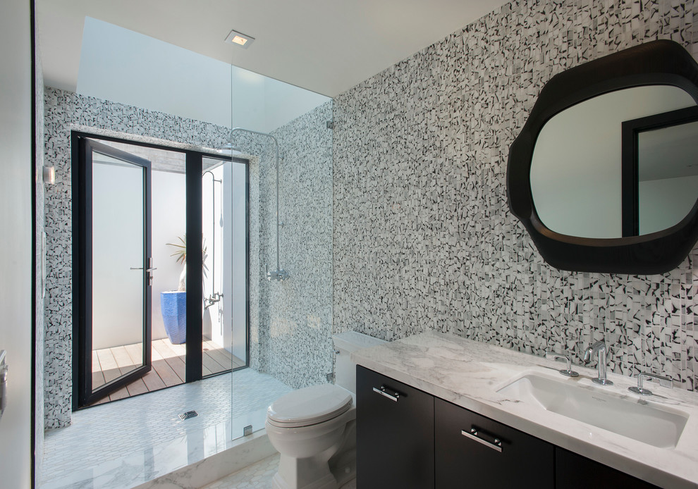 Design ideas for a contemporary bathroom in Los Angeles with mosaic tiles.