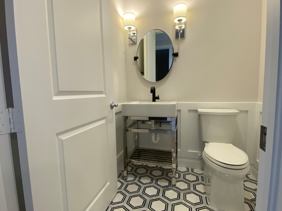 This is an example of a large contemporary shower room bathroom in Miami with white cabinets, a two-piece toilet, white walls, porcelain flooring, a vessel sink, grey floors, white worktops, a single sink, a freestanding vanity unit, a drop ceiling and wainscoting.