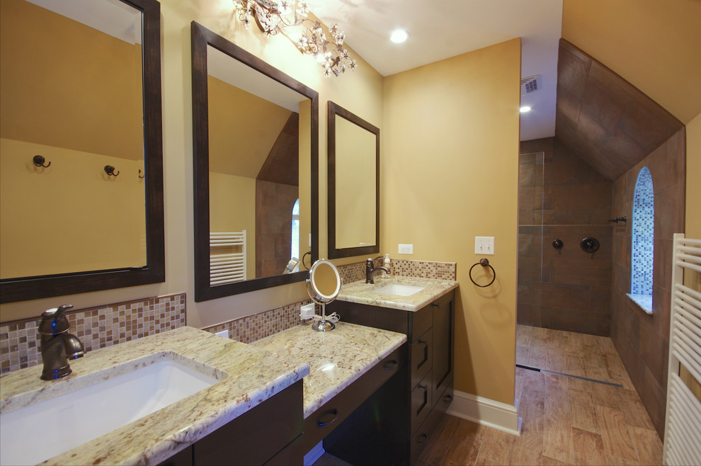 Design ideas for a medium sized classic ensuite bathroom in Baltimore with shaker cabinets, dark wood cabinets, a built-in shower, brown tiles, ceramic tiles, yellow walls, ceramic flooring, a submerged sink and granite worktops.
