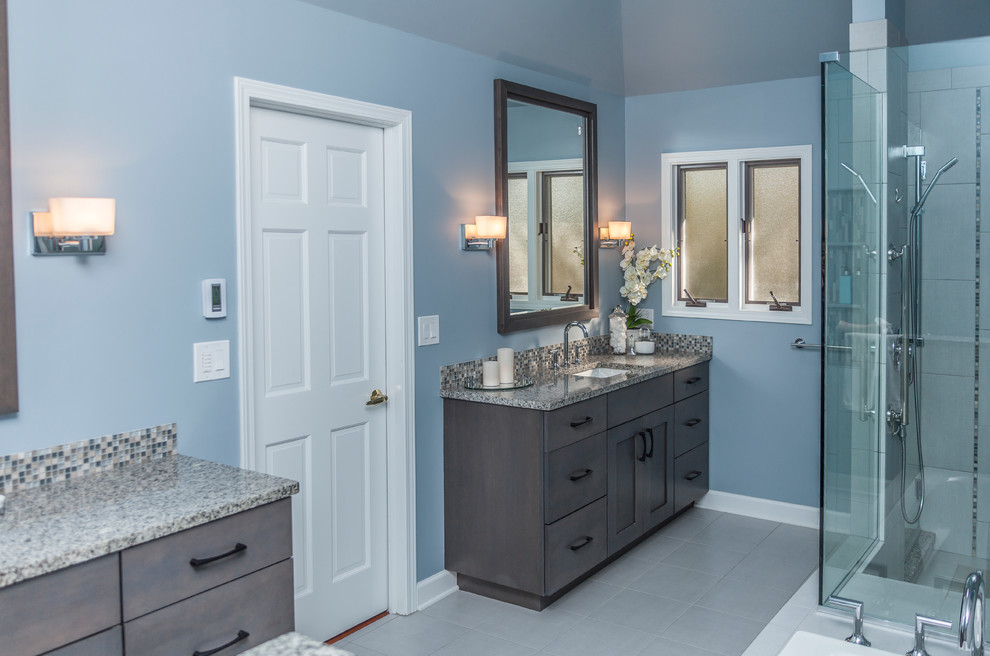Example of a large trendy blue tile and porcelain tile bathroom design in Chicago with an undermount sink, shaker cabinets, gray cabinets, granite countertops and a two-piece toilet
