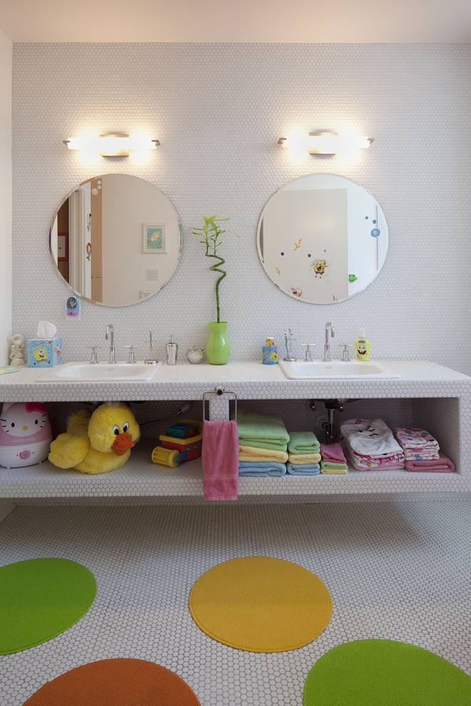 Example of a mid-sized trendy kids' mosaic tile and white tile mosaic tile floor bathroom design in Austin with tile countertops, open cabinets, white cabinets, white walls and a drop-in sink