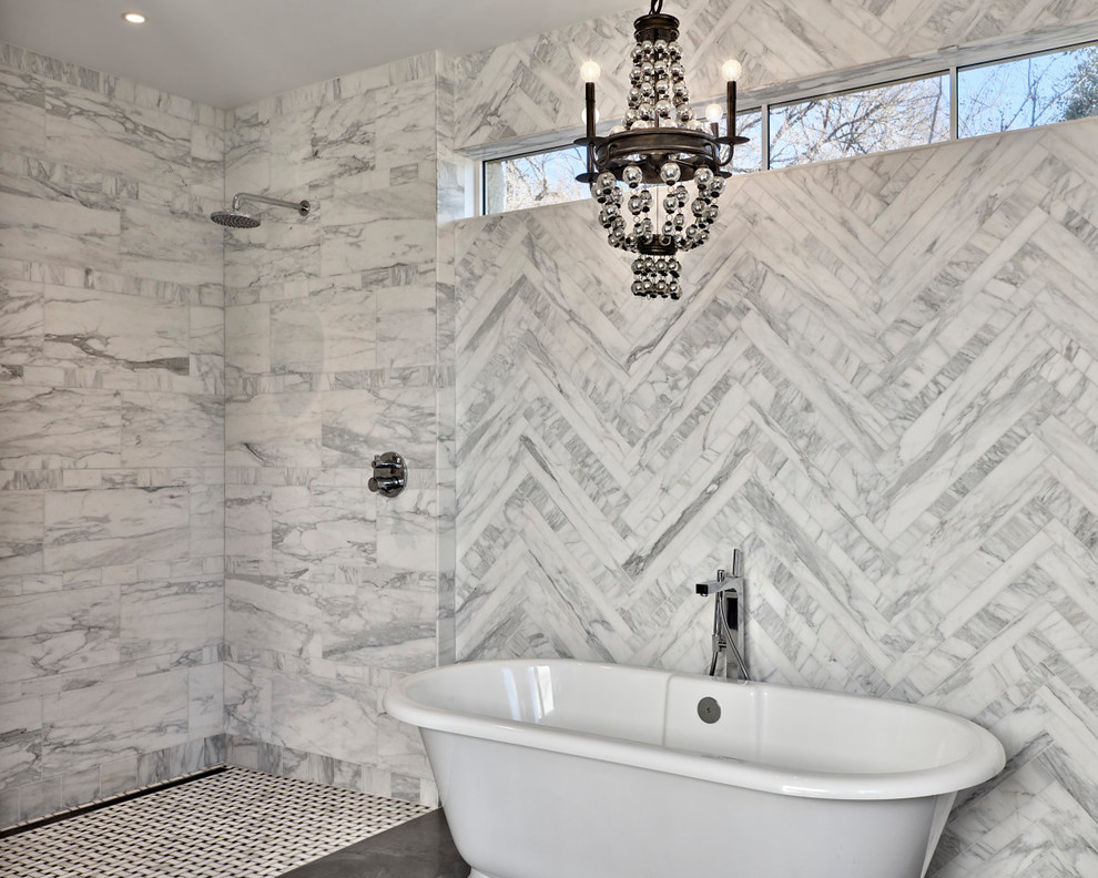 This is an example of a large classic ensuite bathroom in Austin with a freestanding bath, grey tiles, white tiles, marble tiles, an open shower, freestanding cabinets, an alcove shower, a two-piece toilet, pink walls, a pedestal sink and white worktops.