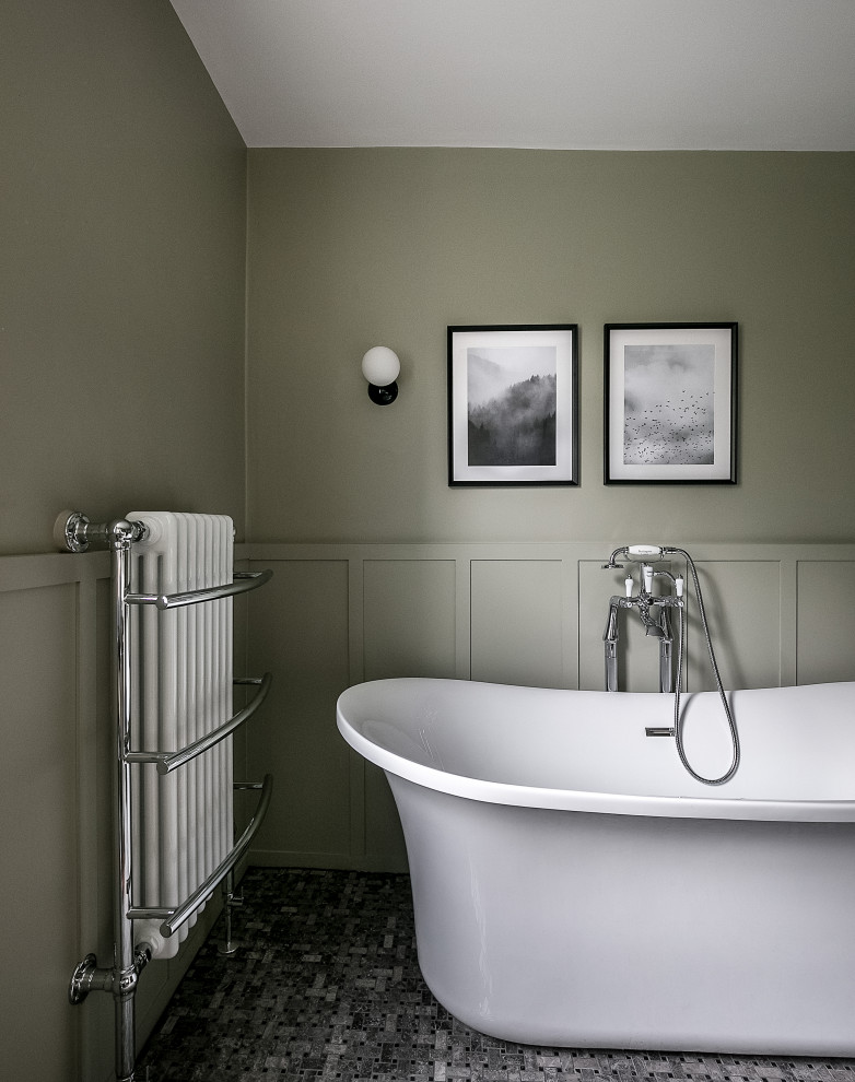Inspiration for a medium sized contemporary bathroom in London with a freestanding bath, a one-piece toilet, green tiles, ceramic tiles, green walls, marble flooring, a pedestal sink, multi-coloured floors and an open shower.