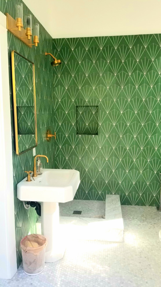 This is an example of a medium sized contemporary bathroom in Los Angeles with a corner shower, a two-piece toilet, green tiles, cement tiles, white walls, marble flooring, a pedestal sink, white floors and a hinged door.