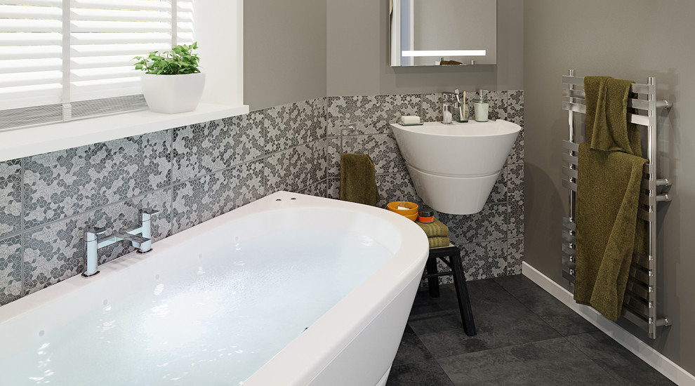 Стильный дизайн: маленькая ванная комната в современном стиле с подвесной раковиной, стеклянными фасадами, накладной ванной, серой плиткой, серыми стенами и полом из линолеума для на участке и в саду - последний тренд