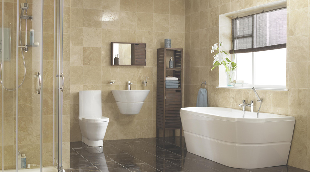 Large trendy master beige tile porcelain tile bathroom photo in Hampshire with a wall-mount sink, furniture-like cabinets and a one-piece toilet