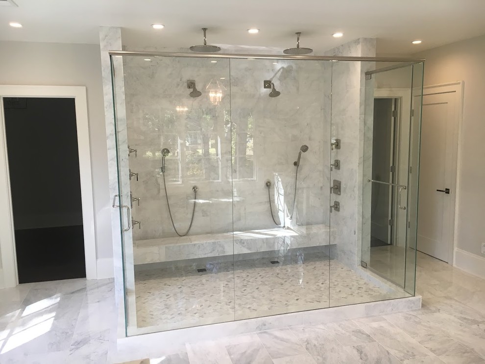 Medium sized traditional ensuite bathroom in Atlanta with shaker cabinets, grey cabinets, a double shower, a two-piece toilet, grey tiles, marble tiles, grey walls, marble flooring, a submerged sink, marble worktops, white floors and a hinged door.