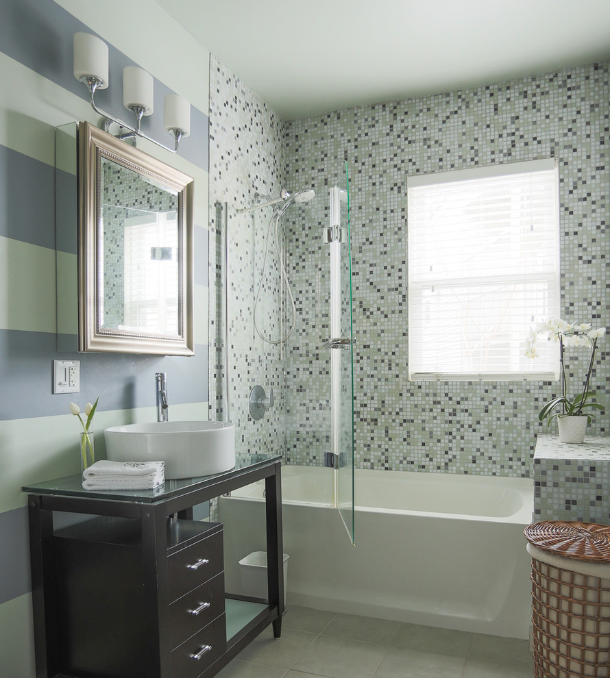 Mid-sized eclectic master ceramic tile and white floor bathroom photo in Boston with an undermount sink, wood countertops, a hinged shower door and brown countertops