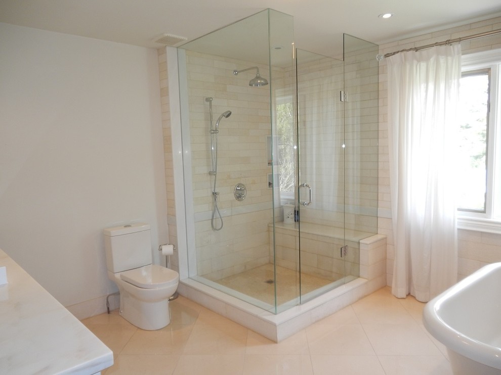 Medium sized contemporary ensuite bathroom in Toronto with shaker cabinets, white cabinets, a corner shower, a two-piece toilet, white tiles, beige tiles, ceramic tiles, white walls, ceramic flooring, a claw-foot bath, a trough sink and quartz worktops.