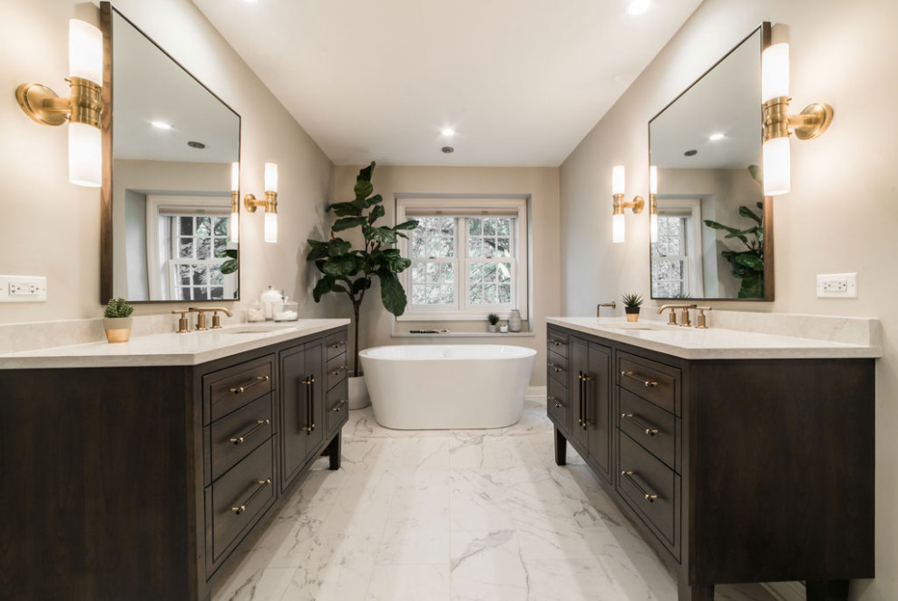Inspiration for a large transitional master white tile and porcelain tile ceramic tile and white floor bathroom remodel in Chicago with flat-panel cabinets, dark wood cabinets, gray walls, a drop-in sink, quartzite countertops, a hinged shower door and multicolored countertops