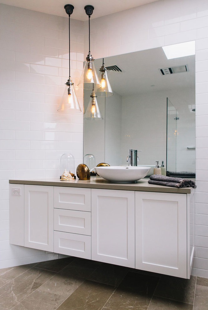 Design ideas for a traditional bathroom in Sydney with shaker cabinets, white cabinets, a freestanding bath, a walk-in shower, beige tiles, brown tiles, white tiles, matchstick tiles, white walls and a vessel sink.