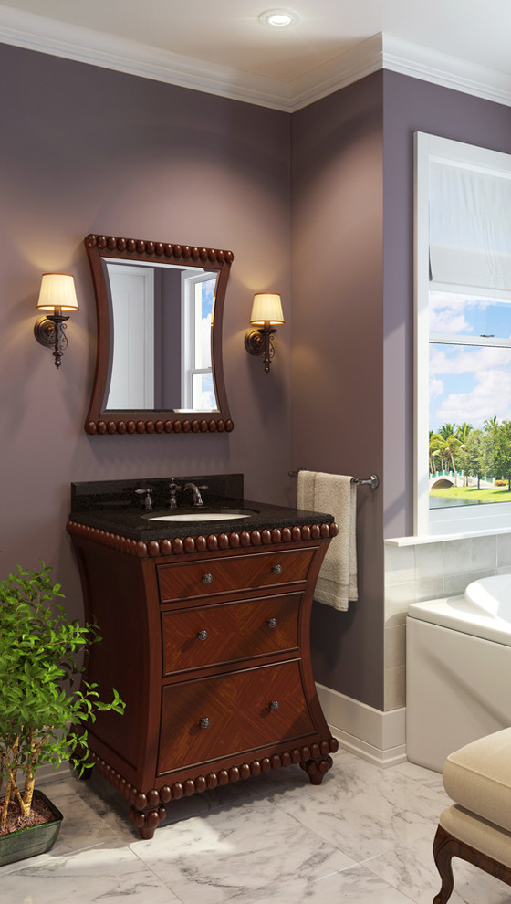 Cette image montre une salle de bain principale traditionnelle en bois foncé de taille moyenne avec un placard en trompe-l'oeil, une baignoire en alcôve, un mur violet, un sol en marbre, un lavabo encastré et un plan de toilette en surface solide.