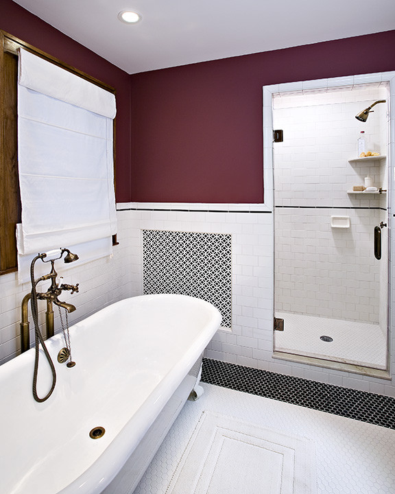 Design ideas for a small traditional ensuite bathroom in Detroit with beaded cabinets, white cabinets, a claw-foot bath, an alcove shower, a two-piece toilet, white tiles, ceramic tiles, red walls, ceramic flooring, white floors and a hinged door.