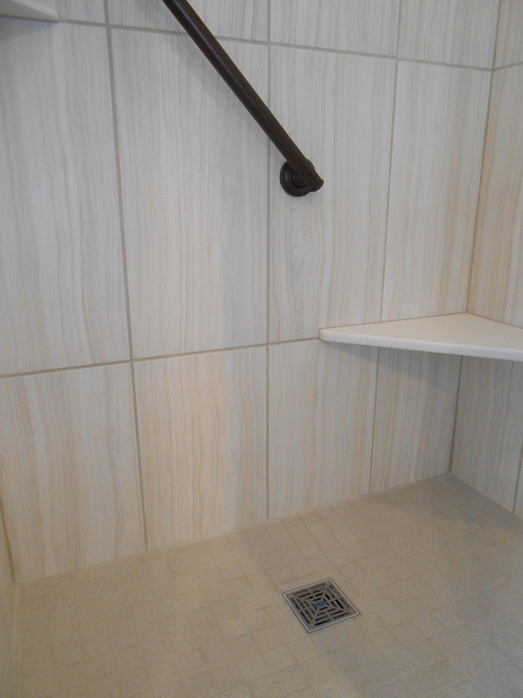 Foto de cuarto de baño contemporáneo de tamaño medio con ducha empotrada, baldosas y/o azulejos de porcelana y suelo con mosaicos de baldosas