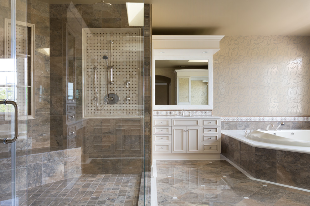 Example of a mid-sized transitional gray tile and mosaic tile marble floor bathroom design in San Francisco with an undermount sink, furniture-like cabinets, white cabinets, marble countertops and yellow walls