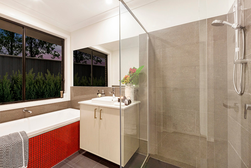Bathroom - mid-sized contemporary master red tile and mosaic tile ceramic tile bathroom idea in Sydney with a drop-in sink, flat-panel cabinets, light wood cabinets, quartzite countertops and white walls
