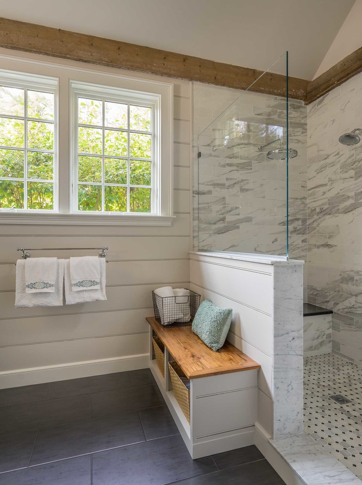 Example of a mid-sized farmhouse master white tile and marble tile marble floor and white floor bathroom design in Boston with furniture-like cabinets, green cabinets, a one-piece toilet, an undermount sink and marble countertops