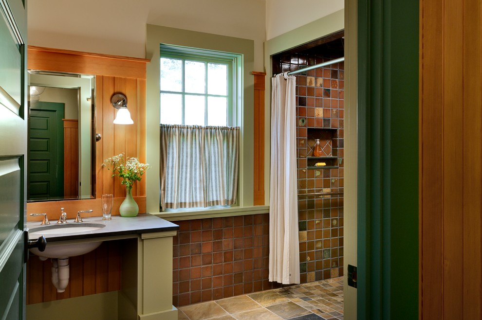 Inspiration for a rustic alcove shower remodel in Burlington
