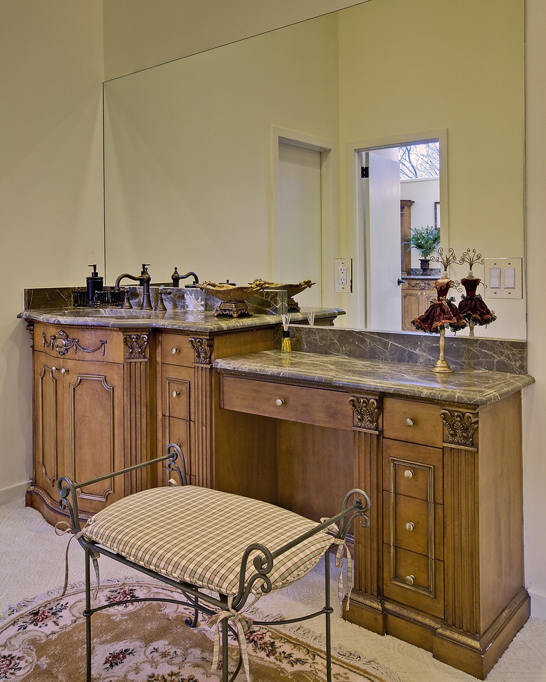 Example of a mountain style bathroom design in Other with furniture-like cabinets and medium tone wood cabinets