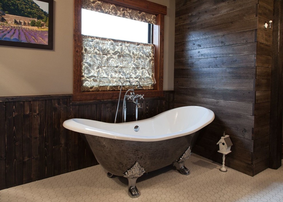 Inspiration for a medium sized farmhouse ensuite bathroom in Other with freestanding cabinets, brown cabinets, a claw-foot bath, an alcove shower, beige walls, mosaic tile flooring, a wall-mounted sink, soapstone worktops, white floors and a shower curtain.