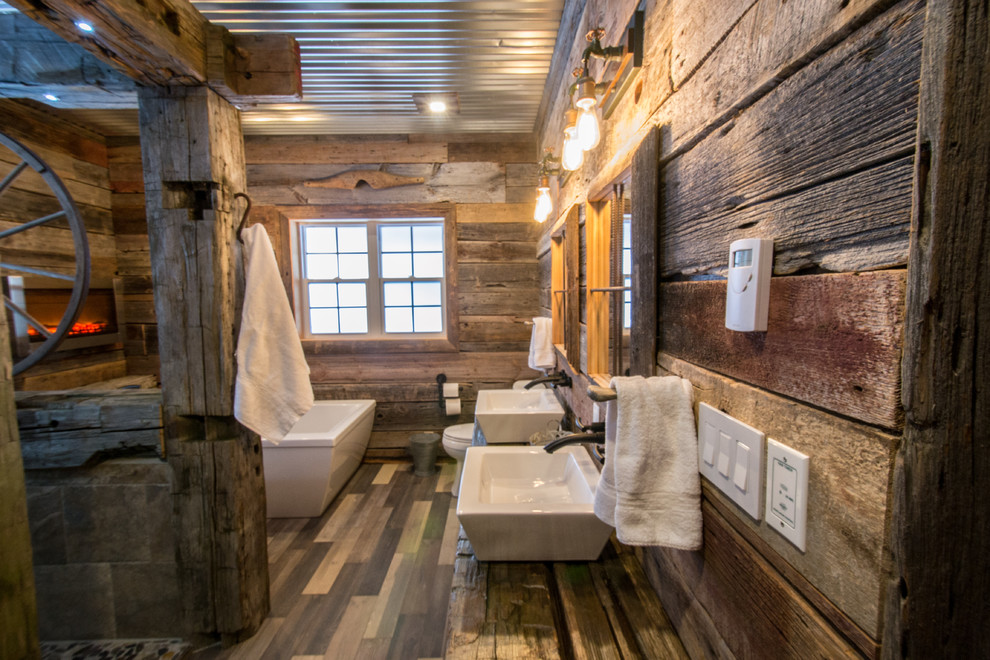 Large rustic ensuite bathroom in Toronto with a walk-in shower and wooden worktops.