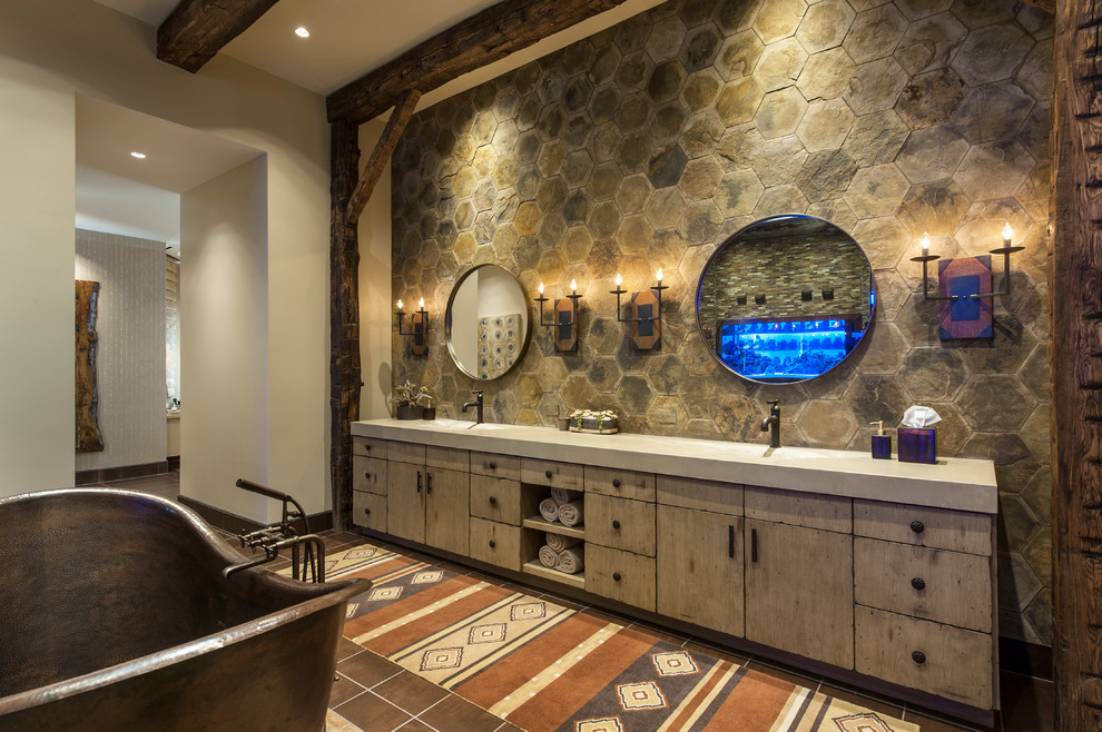 Inspiration for a southwestern master brown floor bathroom remodel in Phoenix with flat-panel cabinets and beige cabinets