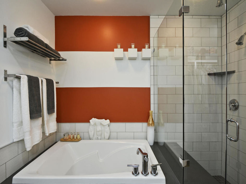 Bathroom - contemporary white tile bathroom idea in Austin with open cabinets and red walls