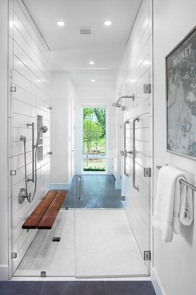 Inspiration for a traditional bathroom in Dallas with white tiles, white walls, a hinged door, an alcove shower, mosaic tile flooring, white floors, a wall niche and a shower bench.