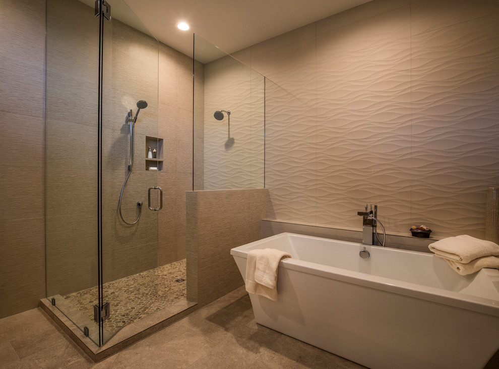 Inspiration for a medium sized traditional ensuite bathroom in Portland with a freestanding bath, a corner shower, beige tiles, ceramic tiles, beige walls, porcelain flooring, beige floors and a hinged door.